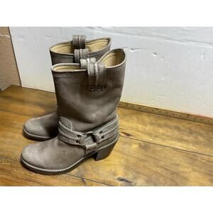 Frye Carmen Harness Western Moto Boots Heeled 77376 Womens 7 Taupe Brown